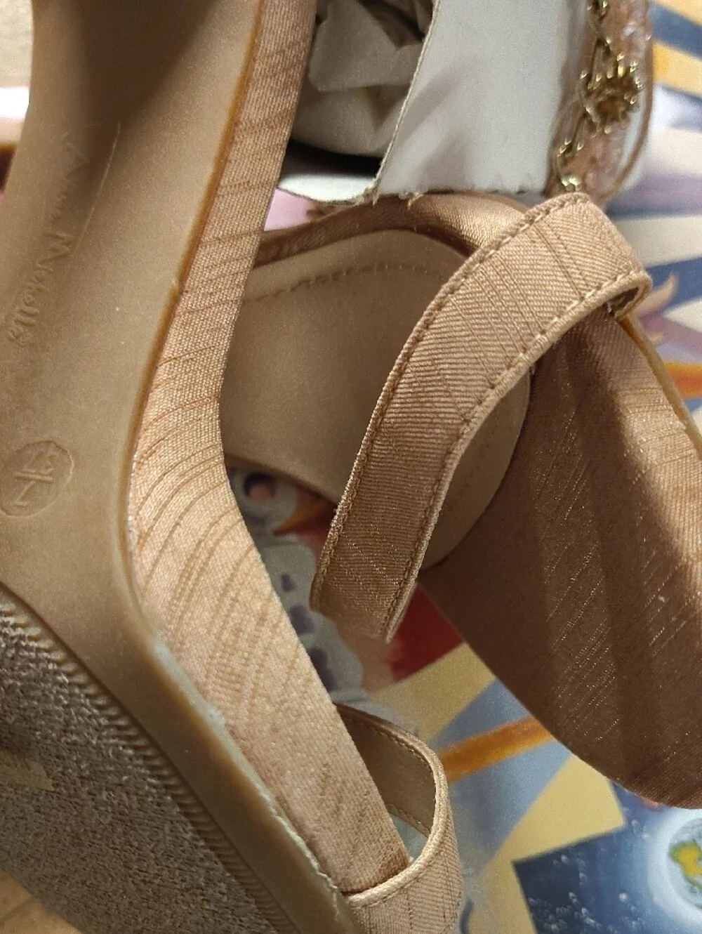 Anne Michelle Nude Heeled Sandals with Gold Chain & Crystal Trim